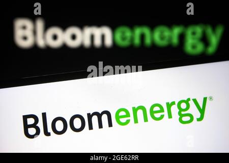 Ukraine. 16th Aug, 2021. In this photo illustration a Bloom Energy logo is seen on a smartphone and a pc screen. Credit: SOPA Images Limited/Alamy Live News Stock Photo