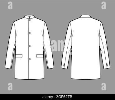 Nehru jacket technical fashion illustration with oversized, stand collar, flap pockets, oversized, long sleeves. Flat coat apparel template front, back, white color style. Women, men unisex CAD mockup Stock Vector