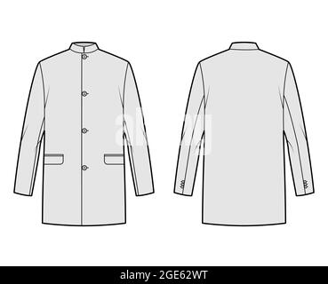 Nehru jacket technical fashion illustration with oversized, stand collar, flap pockets, oversized, long sleeves. Flat coat apparel template front, back, grey color style. Women, men, unisex CAD mockup Stock Vector