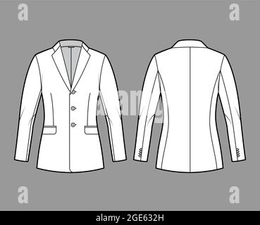 Blazer fitted jacket suit technical fashion illustration with single breasted, notched lapel collar, flap pockets, fitted body, hip length. Flat template front, back, white color. Women men CAD mockup Stock Vector
