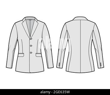 Blazer fitted jacket suit technical fashion illustration with single breasted, notched lapel collar, flap pockets, fitted body, hip length. Flat template front, back, grey color. Women, men CAD mockup Stock Vector
