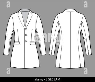 Jacket fitted Blazer structured suit technical fashion illustration with single breasted, long sleeves, flap pockets, fingertip length. Flat coat template front, back, white color. Women, men CAD Stock Vector