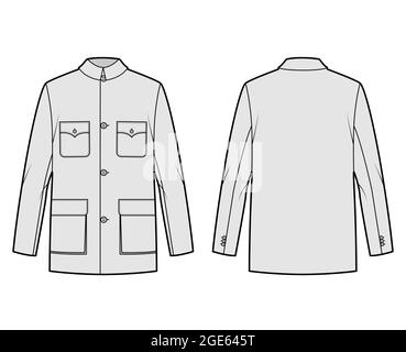 Mao jacket technical fashion illustration with oversized classic collar  flap pockets long sleeves button closure Flat coat apparel template  front back white color style Women men CAD mockup Stock Vector Image 