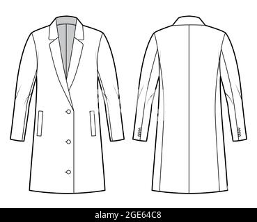 Oversized Blazer jacket suit technical fashion illustration with single breasted, long sleeves, notched lapel collar, thigh length. Flat coat template front, back, white color style. Women, CAD mockup Stock Vector