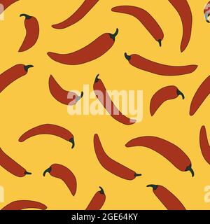Simple cute seamless pattern with red chilly peppers on tellow background. Made in vector. Stock Vector