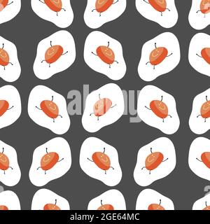 Cute seamless fried eggs pattern on grey background. Vector illustration. Stock Vector