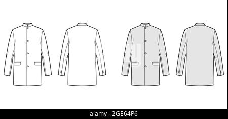 Nehru jacket technical fashion illustration with oversized, stand collar, flap pockets, oversized, long sleeves. Flat coat apparel template front, back, white, grey color style. Women, men CAD mockup Stock Vector