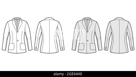 Blazer fitted jacket suit technical fashion illustration with single breasted, notched lapel collar, patch pockets, hip length. Flat coat template front, back, white, grey color. Women, men CAD mockup Stock Vector
