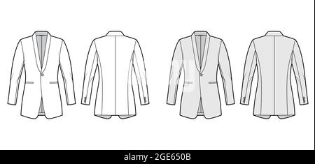 Dinner fitted jacket suit tuxedo technical fashion illustration with single breasted, jetted pockets. Flat coat blazer template front, back, white, grey color style. Women, men unisex CAD mockup Stock Vector