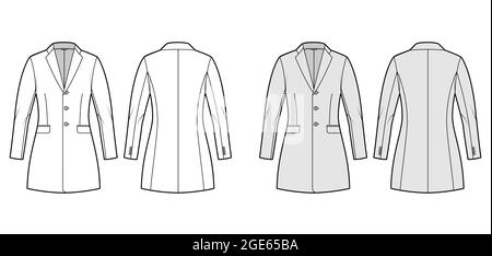Jacket fitted Blazer structured suit technical fashion illustration with single breasted, long sleeves, flap pockets, fingertip length. Flat coat template front, back, white, grey color. Women men CAD Stock Vector