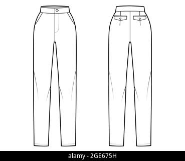 Pants cigarette technical fashion illustration with extended normal low  waist, high rise, full length, slant slashed pockets. Flat trousers apparel  template front back grey color. Women men CAD mockup Stock Vector Image