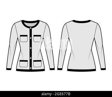 Blazer Jacket like Chanel suit technical fashion illustration with long  sleeves, patch pockets, fitted body, button closure. Flat coat template  front, back, grey color style. Women, men CAD mockup Stock Vector Image