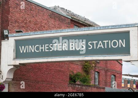 Winchester, United Kingdom, 10th August 2021:- The Sign For Winchester Bus Station Stock Photo