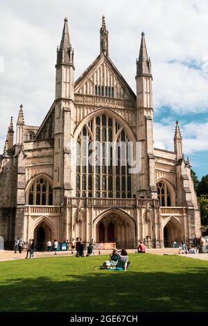 Winchester, United Kingdom, 10th August 2021:- The Entrance to Winchester Cathedral Stock Photo