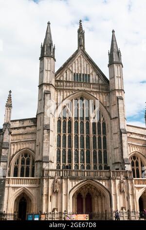 Winchester, United Kingdom, 10th August 2021:- The Entrance to Winchester Cathedral Stock Photo