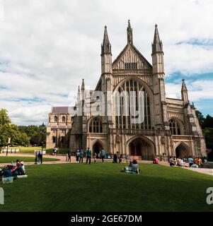 Winchester, United Kingdom, 10th August 2021:- The Entrance to Winchester Cathedral Stock Photo