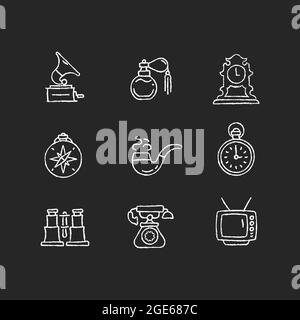 Retro items chalk white icons set on dark background Stock Vector