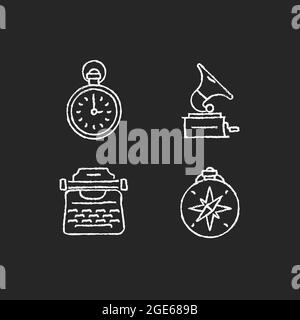 Old-fashioned items chalk white icons set on dark background Stock Vector