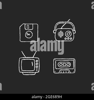 Collectible vintage stuff chalk white icons set on dark background Stock Vector