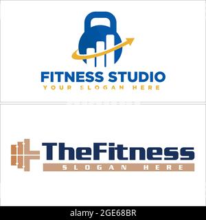 Gyms Fitness barbell with icon arrow diagram chart vector logo Stock Vector