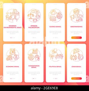 Climate skepticism red gradient onboarding mobile app page screen set Stock Vector