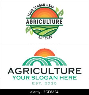 Farming agriculture logo design with grass sun and leaf Stock Vector