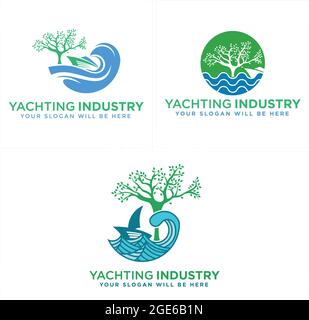 Yachting Industry ocean blue line vector combination logo  Stock Vector