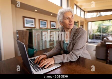Senior caucasian woman in the kitchen sitting using laptop Stock Photo