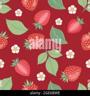 Strawberries pattern, colorful seamless vector pattern with hand drawn summer berries, pink and red fruit, good as fabric print, colored cartoon Stock Vector