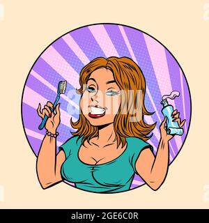 beautiful young woman brushes her teeth with toothpaste, oral hygiene and dentistry Stock Vector