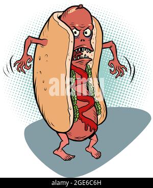 angry negative dangerous hot dog fast food funny mascot character, restaurants and street food Stock Vector