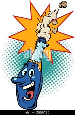 a bottle of champagne is a funny festive character, birthday and wedding and other holidays Stock Vector