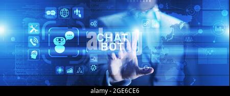 Chatbot computer program designed for conversation with human users over the Internet. Support and customer service automation technology concept. Stock Photo