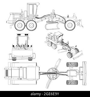 Set with detailed contours of a grader from black lines isolated on a white background. Side, front, top and isometric views. Vector illustration. Stock Vector