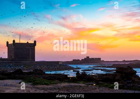 Morocco, Essaouira: sunset over the “Sqala de la Kasbah”, one of the fortifications of the city walls on the Atlantic coast, North Africa Stock Photo