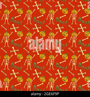 Seamless pattern cute Halloween skeleton pumpkin head and boo typography on red background Stock Vector