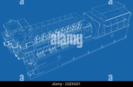 High voltage industrial standby dieasel generator at a power generation. The layers of visible and invisible lines are separated. EPS10 format. Wire Stock Vector