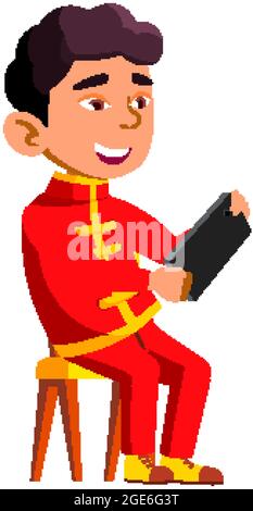 Kid Boy Using Smartphone Digital Gadget Vector Stock Vector