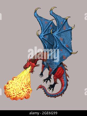 Fire breathing dragon. Digital fantasy illustration. Stock Photo