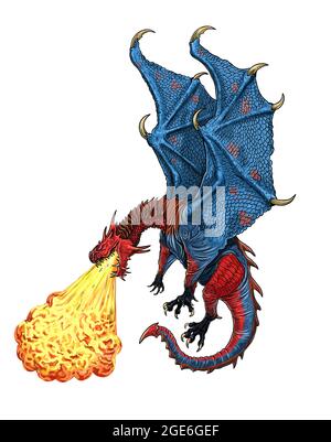 Fire breathing dragon. Digital fantasy illustration. Stock Photo