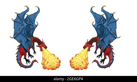 Fire breathing dragon. Digital fantasy illustration. Stock Photo