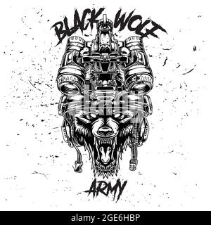 The wolf uses a tactical army helmet on top of the white begroun Stock Vector