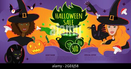 Halloween Sale template of banner, flyer, offer. Halloween sale promotion with happy smiling witches in costumes and magic cauldron in cartoon style. Stock Vector