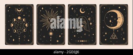 Mystical astrology tarot cards, bohemian occult card. Vintage engraved esoteric cards with moon phases, sacred sun and stars vector set. Female character with loon stages, sun sign Stock Vector