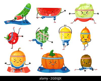 Fruits and vegetables in yoga poses. Cute melon and lemon meditating. Healthy fruit and vegetable characters doing fitness exercises vector set. Comic veggies doing splits, push ups and dancing Stock Vector