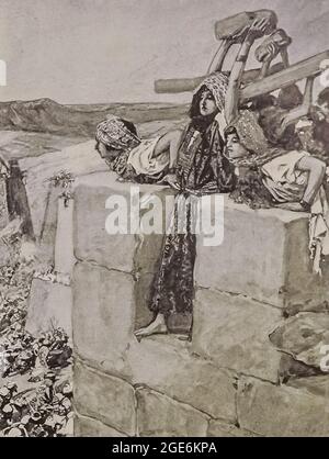 A WOMAN BREAKS THE SKULL OF ABIMELECH. Judges ix. 53. And a certain woman cast a piece of a millstone upon Abimelech’s head, and all to break his skull. From the book ' The Old Testament : three hundred and ninety-six compositions illustrating the Old Testament ' Part II by J. James Tissot Published by M. de Brunoff in Paris, London and New York in 1904 Stock Photo
