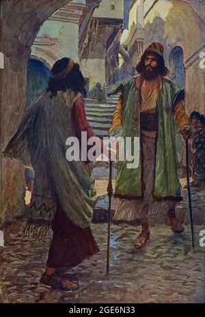 SAUL MEETETH WITH SAMUEL. I Samuel ix. 17. And when Samuel saw Saul, the Lord said unto him, Behold the man whom I spake to thee of ! this same shall reign over my people. From the book ' The Old Testament : three hundred and ninety-six compositions illustrating the Old Testament ' Part II by J. James Tissot Published by M. de Brunoff in Paris, London and New York in 1904 Stock Photo