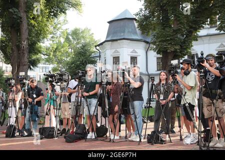 Non Exclusive: KYIV, UKRAINE - AUGUST 16, 2021 - Journalists and cameramen cover the news conference on the Rarities of the Ukrainian Cossack State -