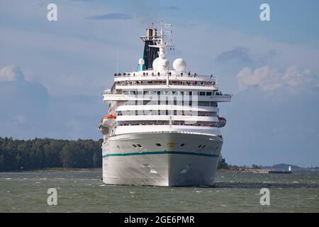 Phoenix Reisen-operated cruise ship Artania arriving Helsinki West Harbour as a third cruise ship of the season on 15 August 2021. Stock Photo