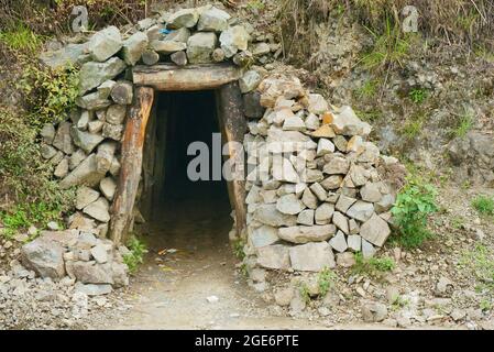 Portal of a small mining site in Benguet, Philippines, Southeast Asia. Photo taken on April 21, 2014. Stock Photo